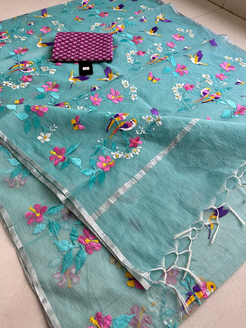 Embroidered Kota Cotton Doria Saree