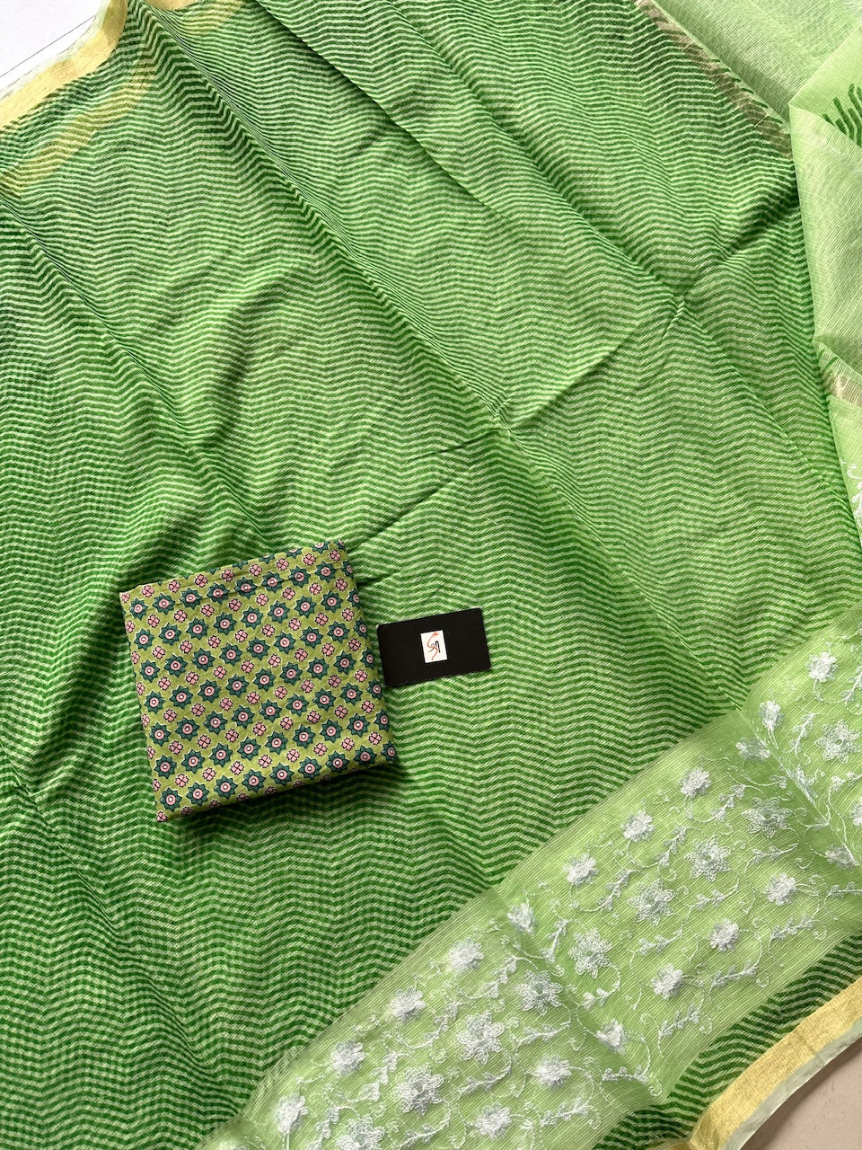 Embroidered HandBlock Printed Kota Cotton Doria Saree