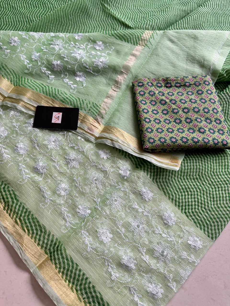 Embroidered HandBlock Printed Kota Cotton Doria Saree