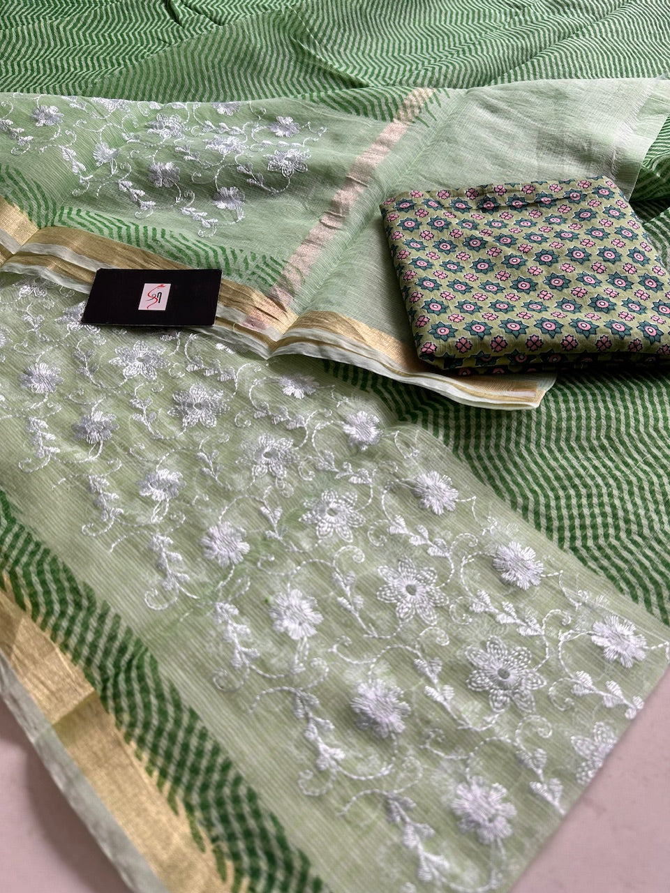 Embroidered HandBlock Printed Kota Cotton Doria Saree