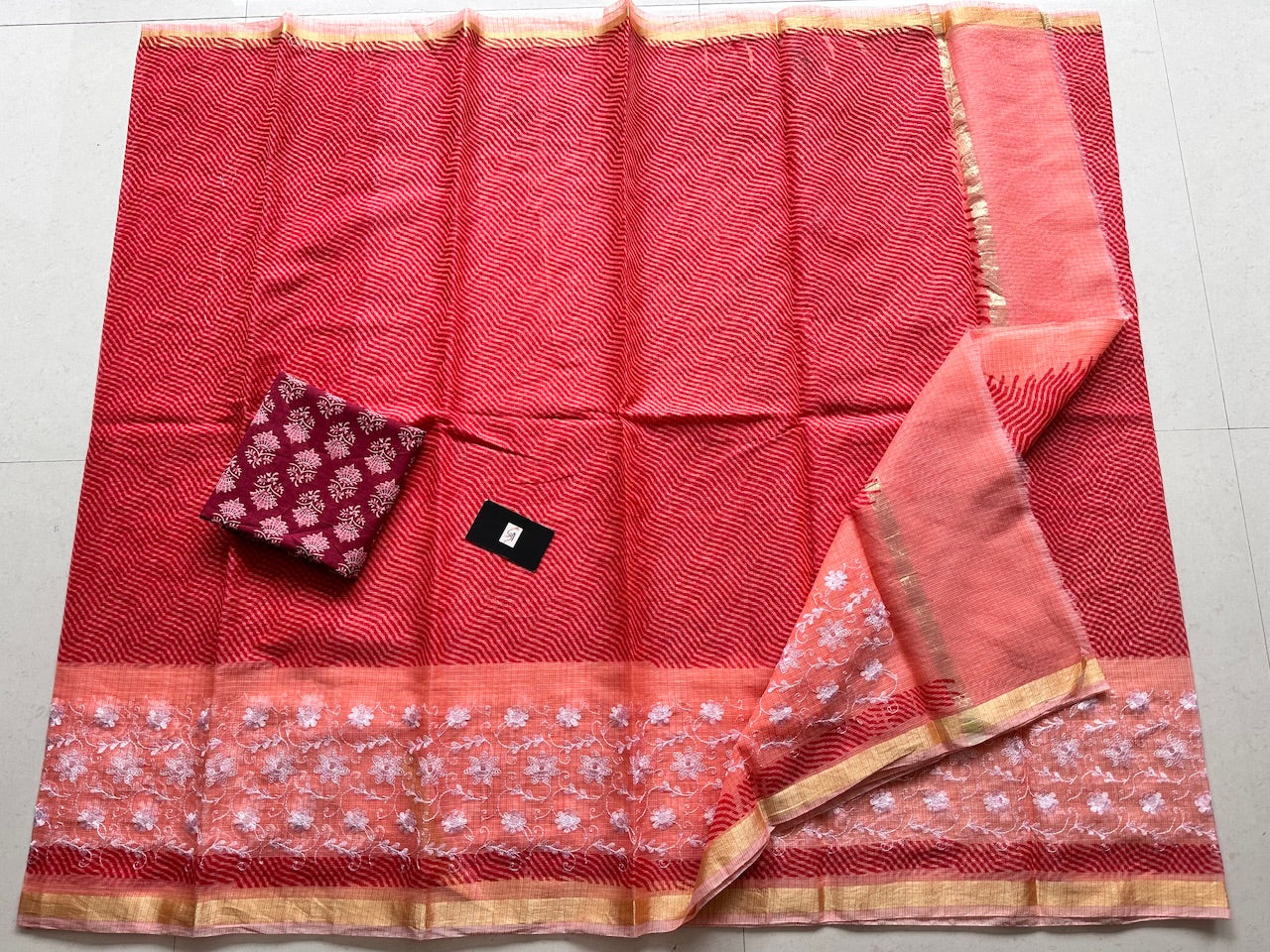 Embroidered HandBlock Printed Kota Cotton Doria Saree