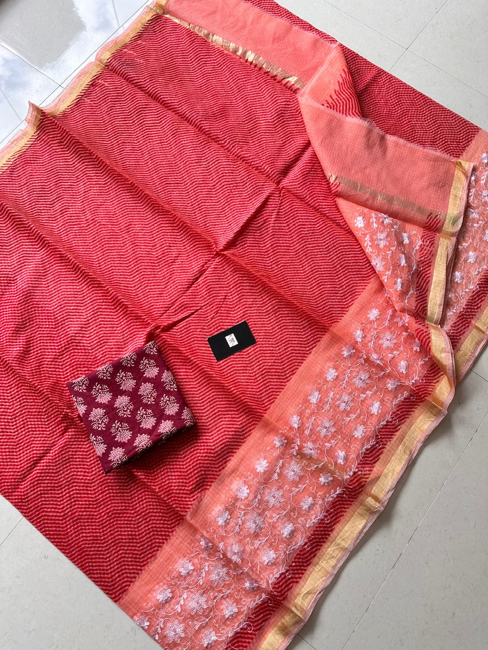 Embroidered HandBlock Printed Kota Cotton Doria Saree