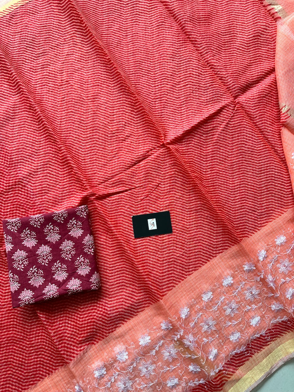 Embroidered HandBlock Printed Kota Cotton Doria Saree