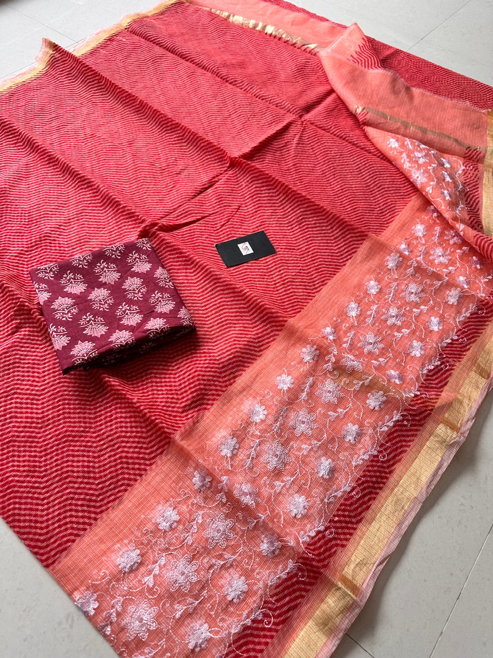 Embroidered HandBlock Printed Kota Cotton Doria Saree