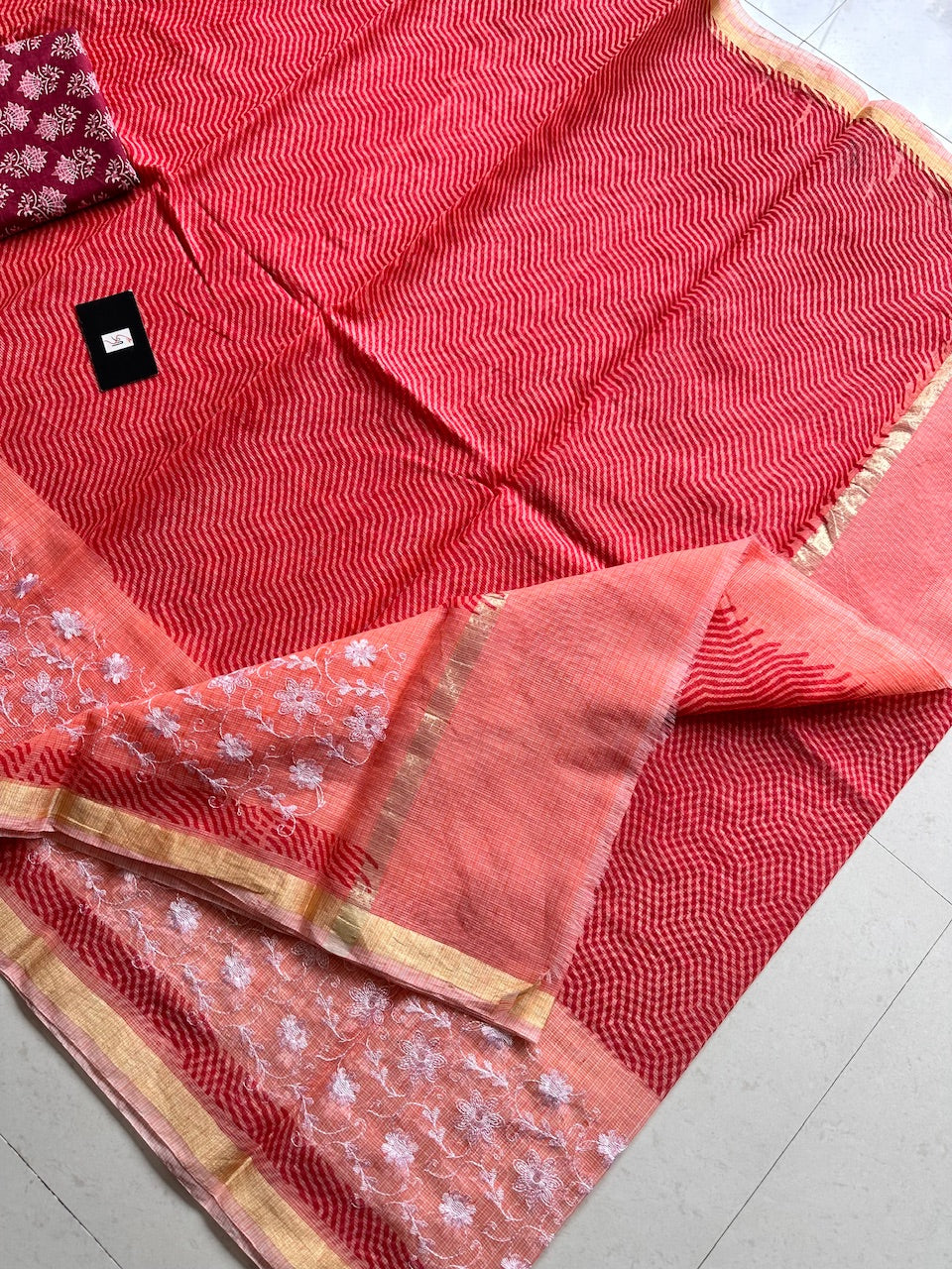 Embroidered HandBlock Printed Kota Cotton Doria Saree