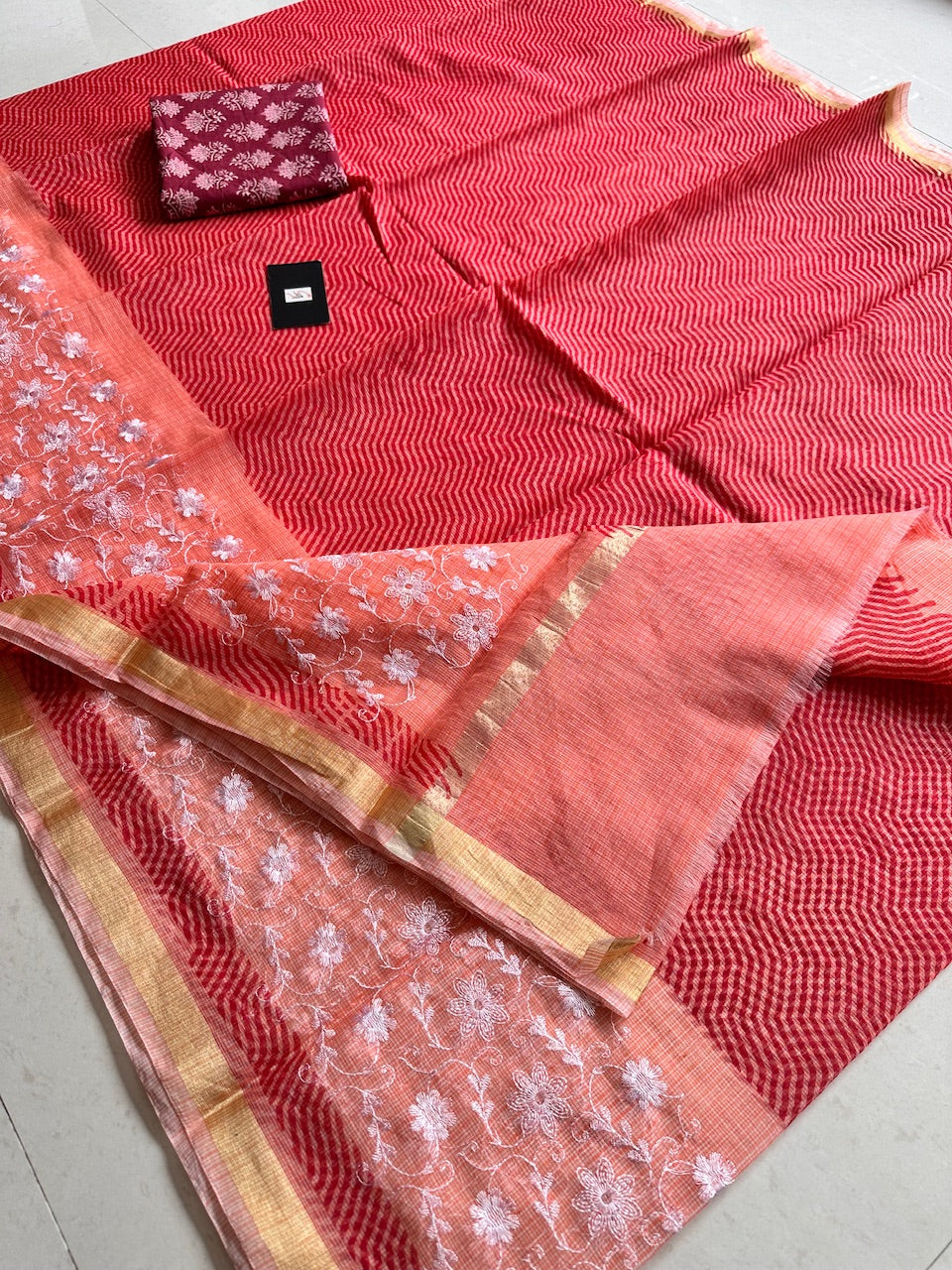 Embroidered HandBlock Printed Kota Cotton Doria Saree