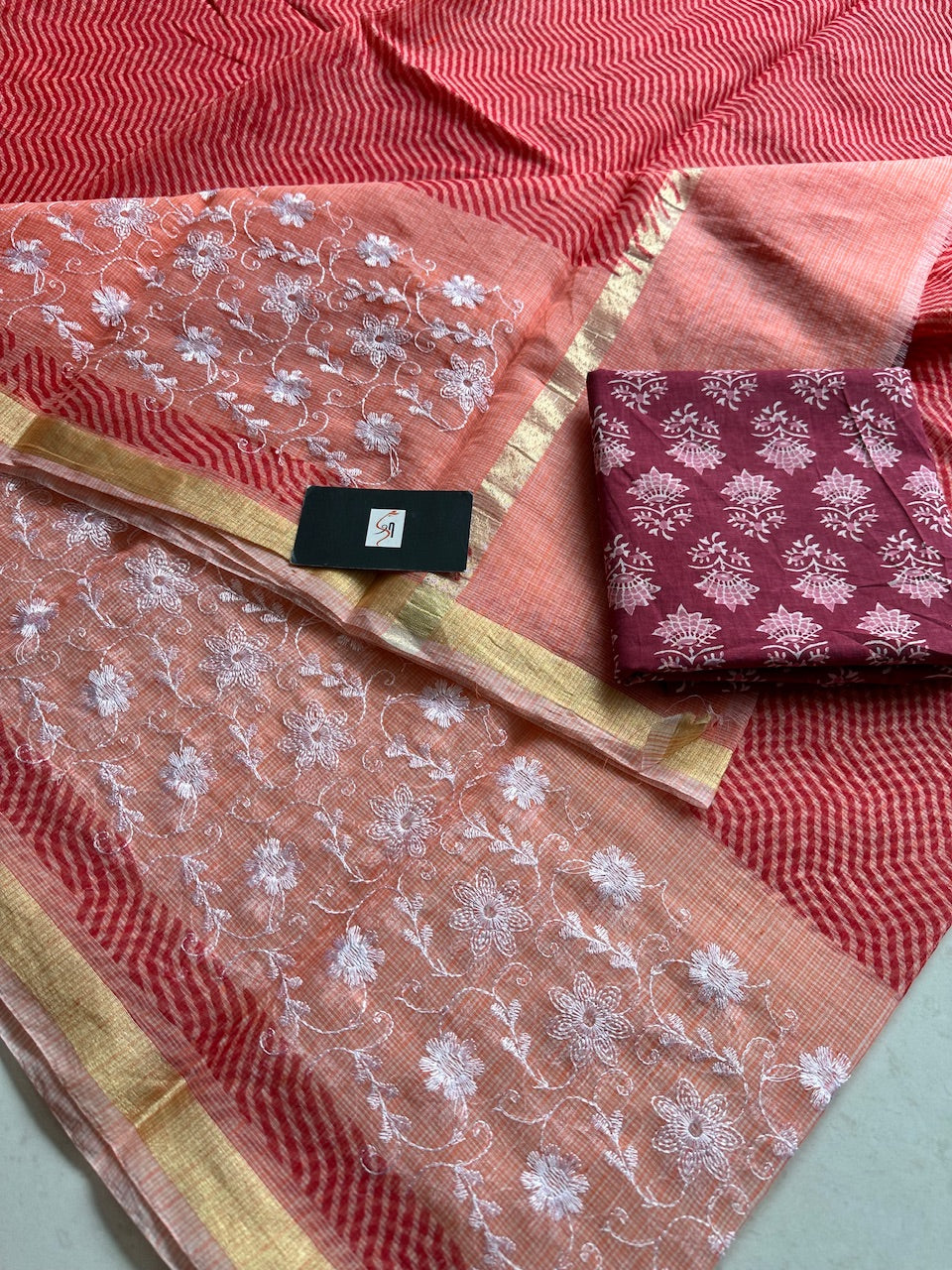 Embroidered HandBlock Printed Kota Cotton Doria Saree