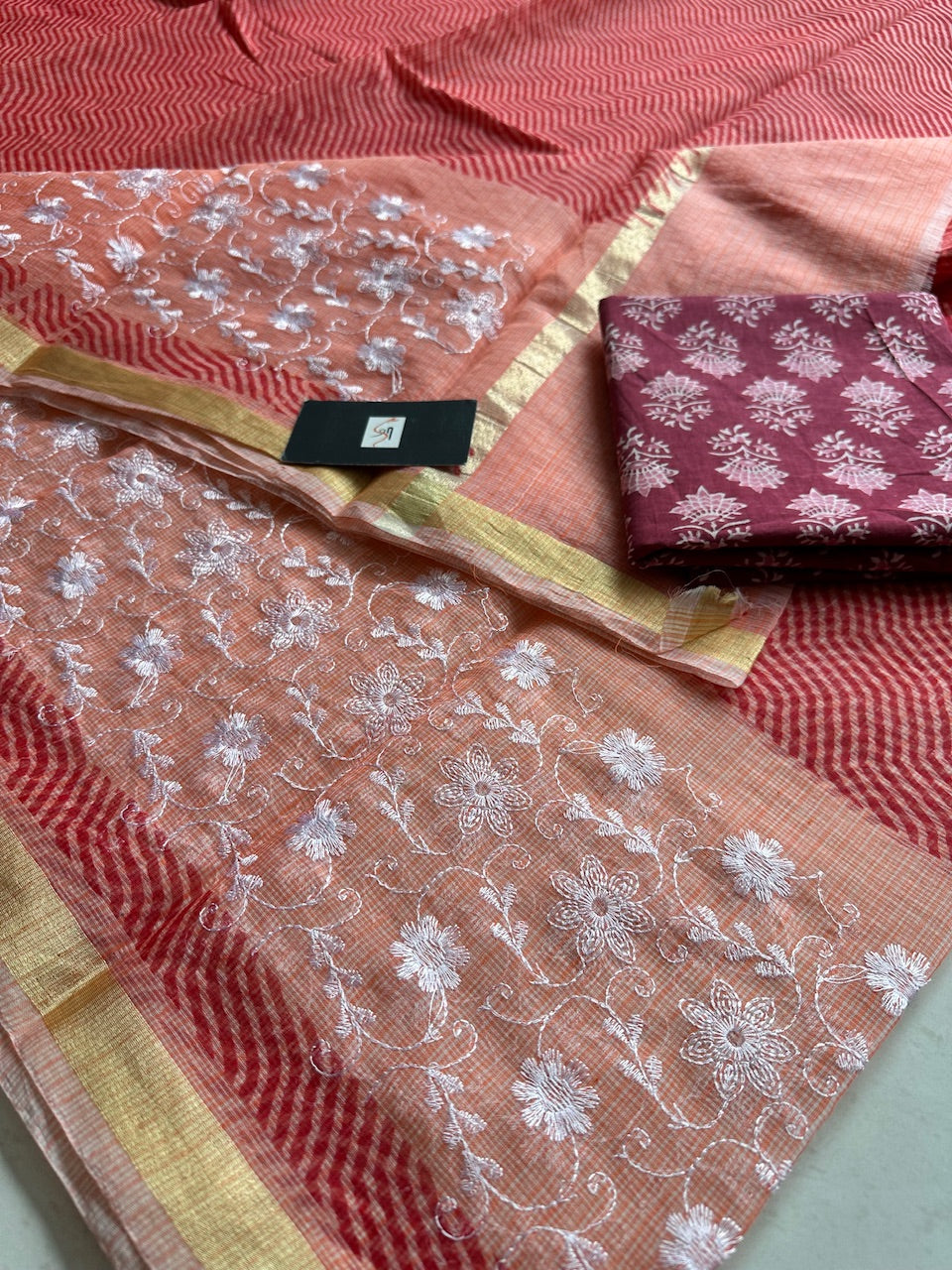 Embroidered HandBlock Printed Kota Cotton Doria Saree