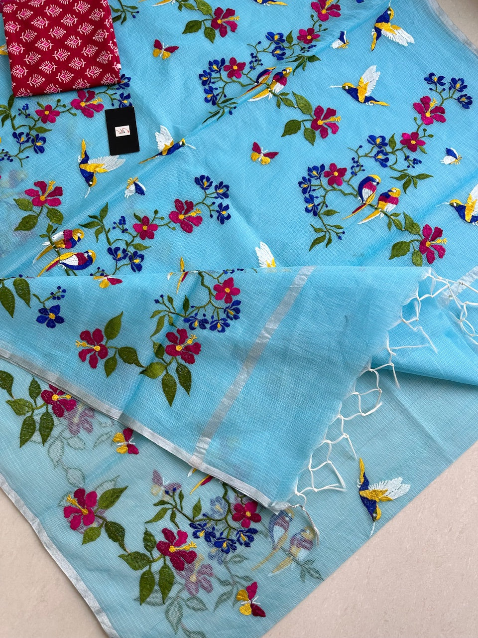 Embroidered Kota Cotton Doria Saree