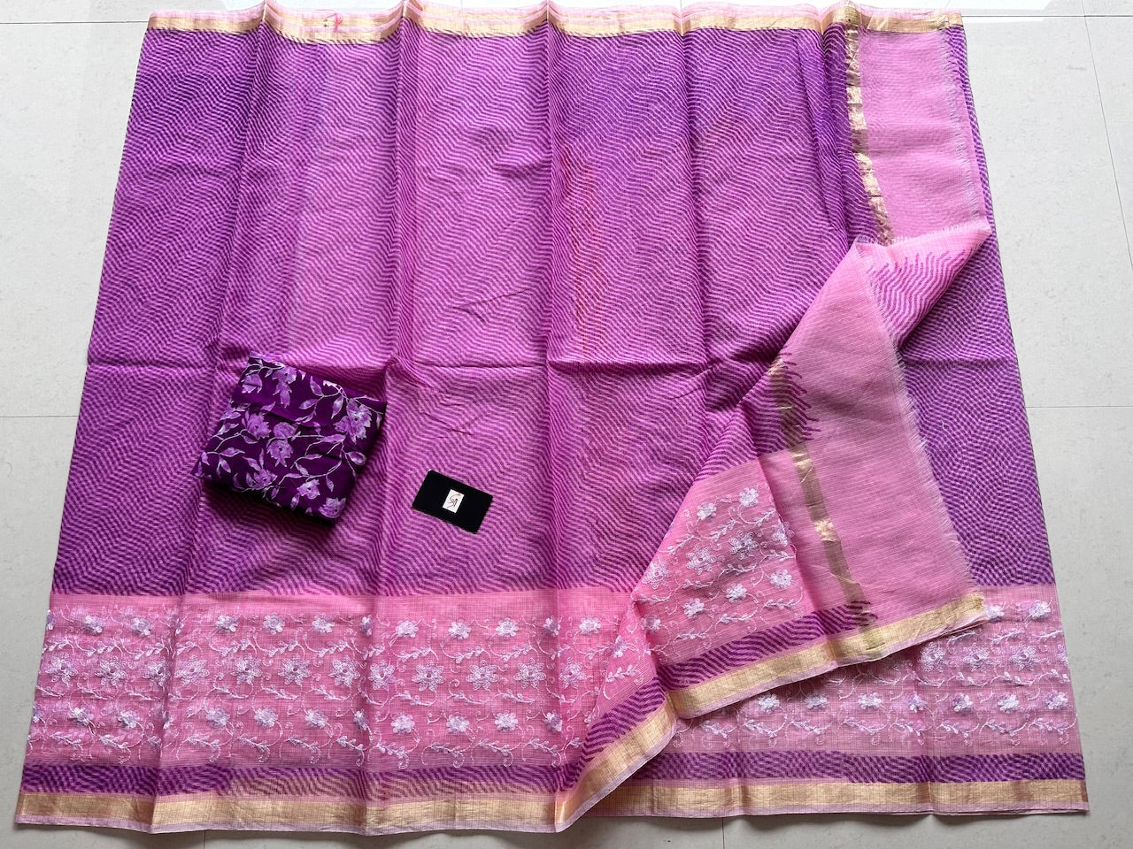 Embroidered HandBlock Printed Kota Cotton Doria Saree