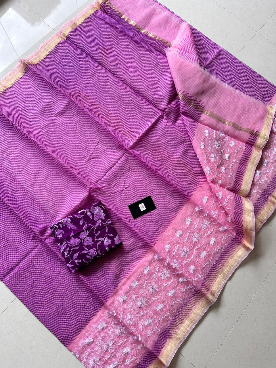 Embroidered HandBlock Printed Kota Cotton Doria Saree