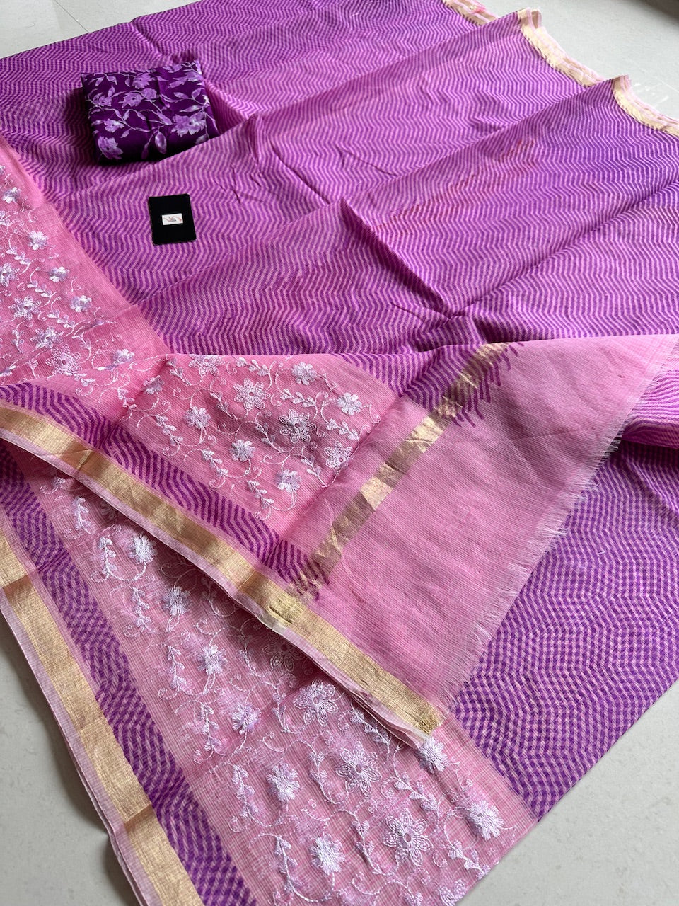 Embroidered HandBlock Printed Kota Cotton Doria Saree