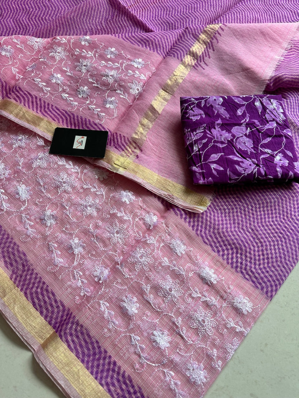 Embroidered HandBlock Printed Kota Cotton Doria Saree