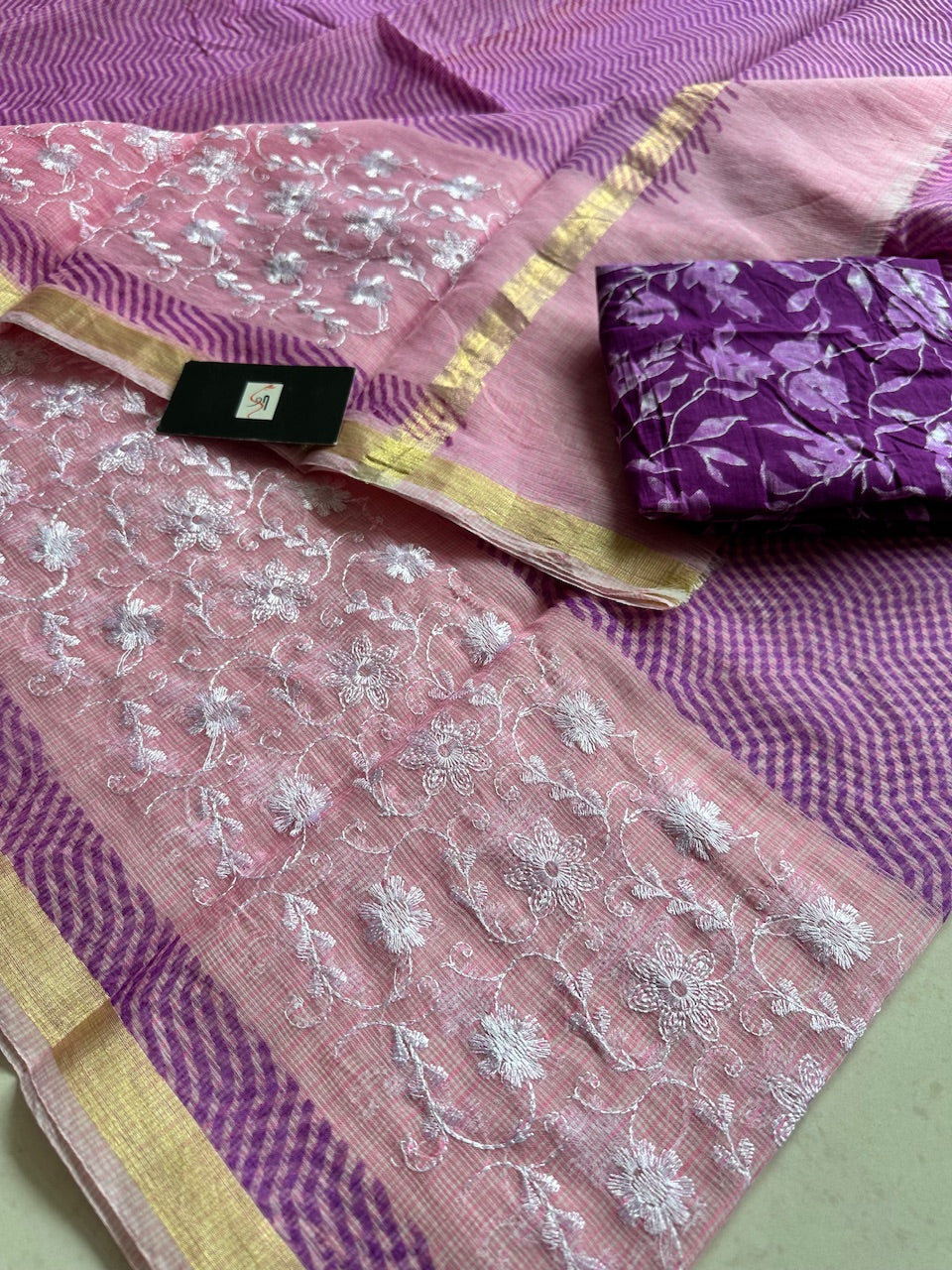 Embroidered HandBlock Printed Kota Cotton Doria Saree