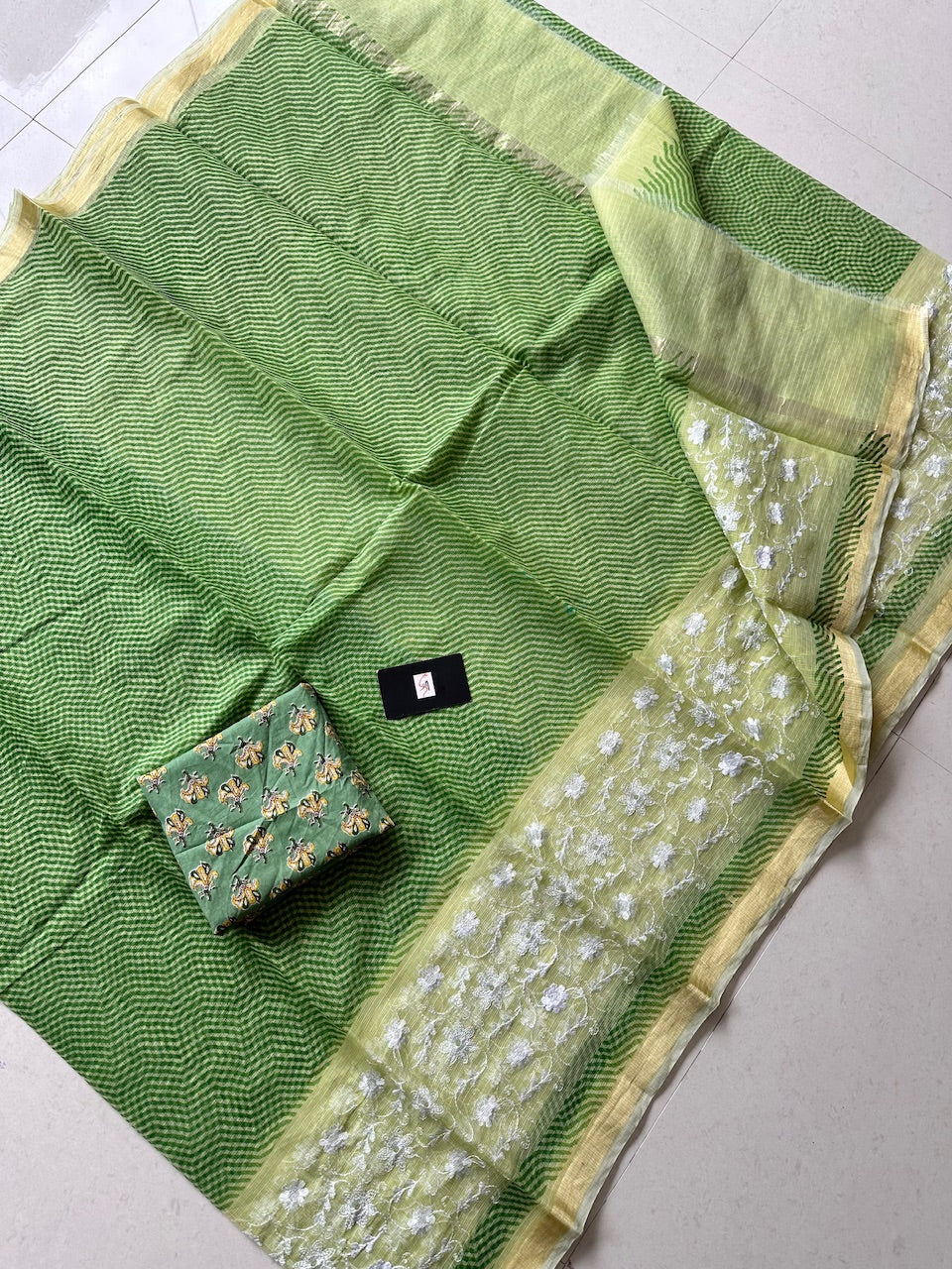 Embroidered HandBlock Printed Kota Cotton Doria Saree