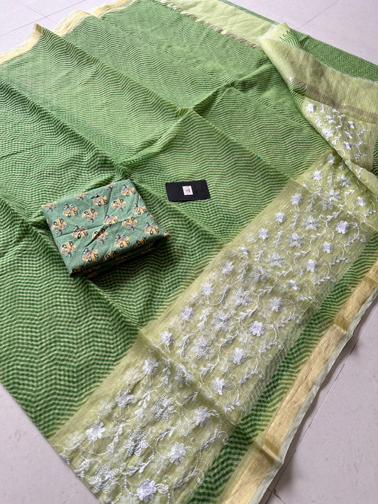 Embroidered HandBlock Printed Kota Cotton Doria Saree