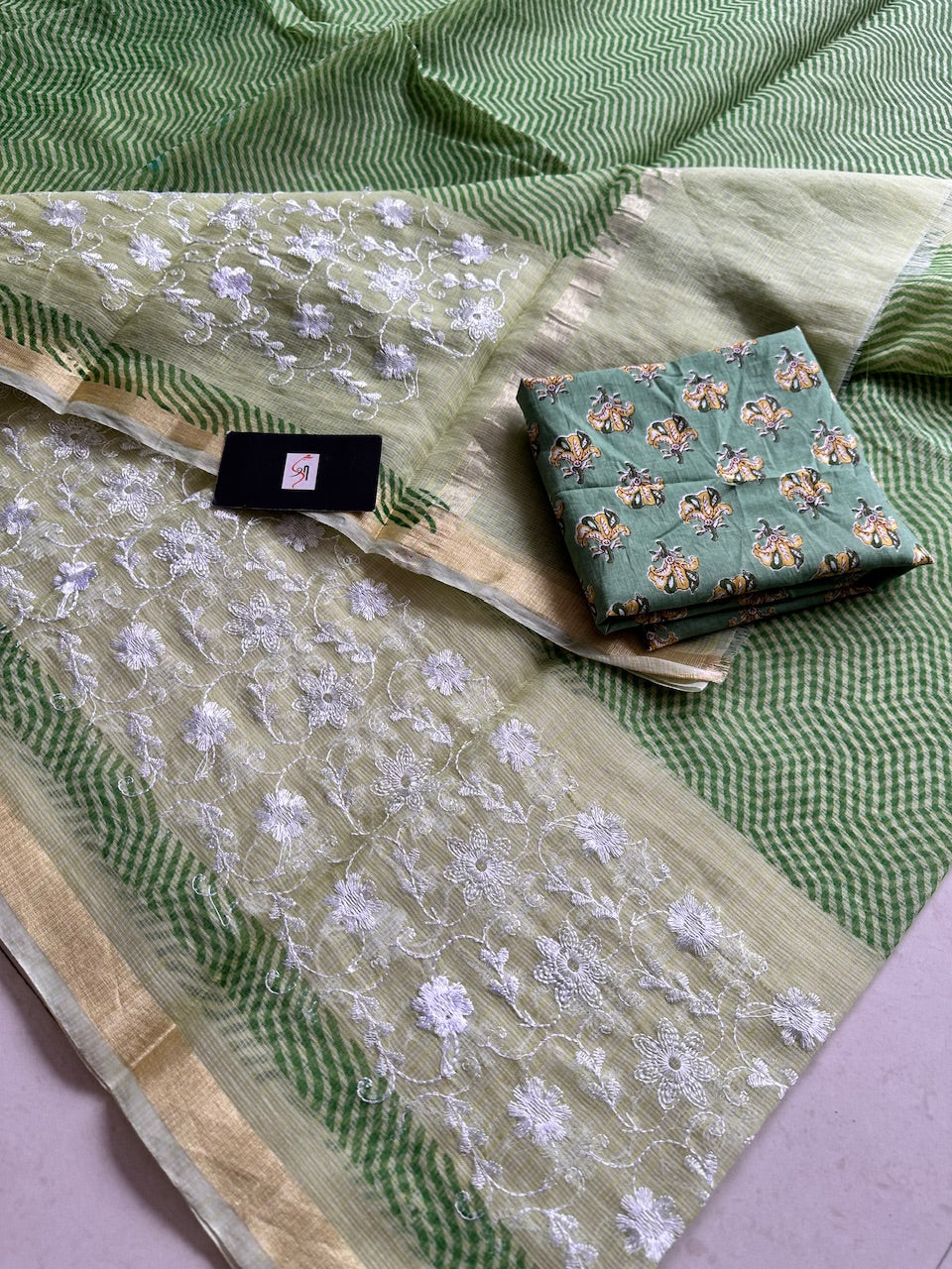 Embroidered HandBlock Printed Kota Cotton Doria Saree