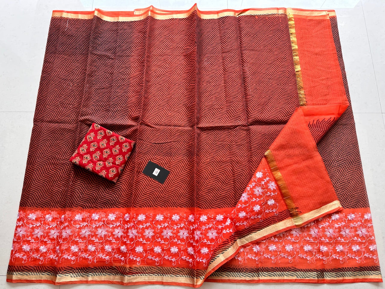 Embroidered HandBlock Printed Kota Cotton Doria Saree