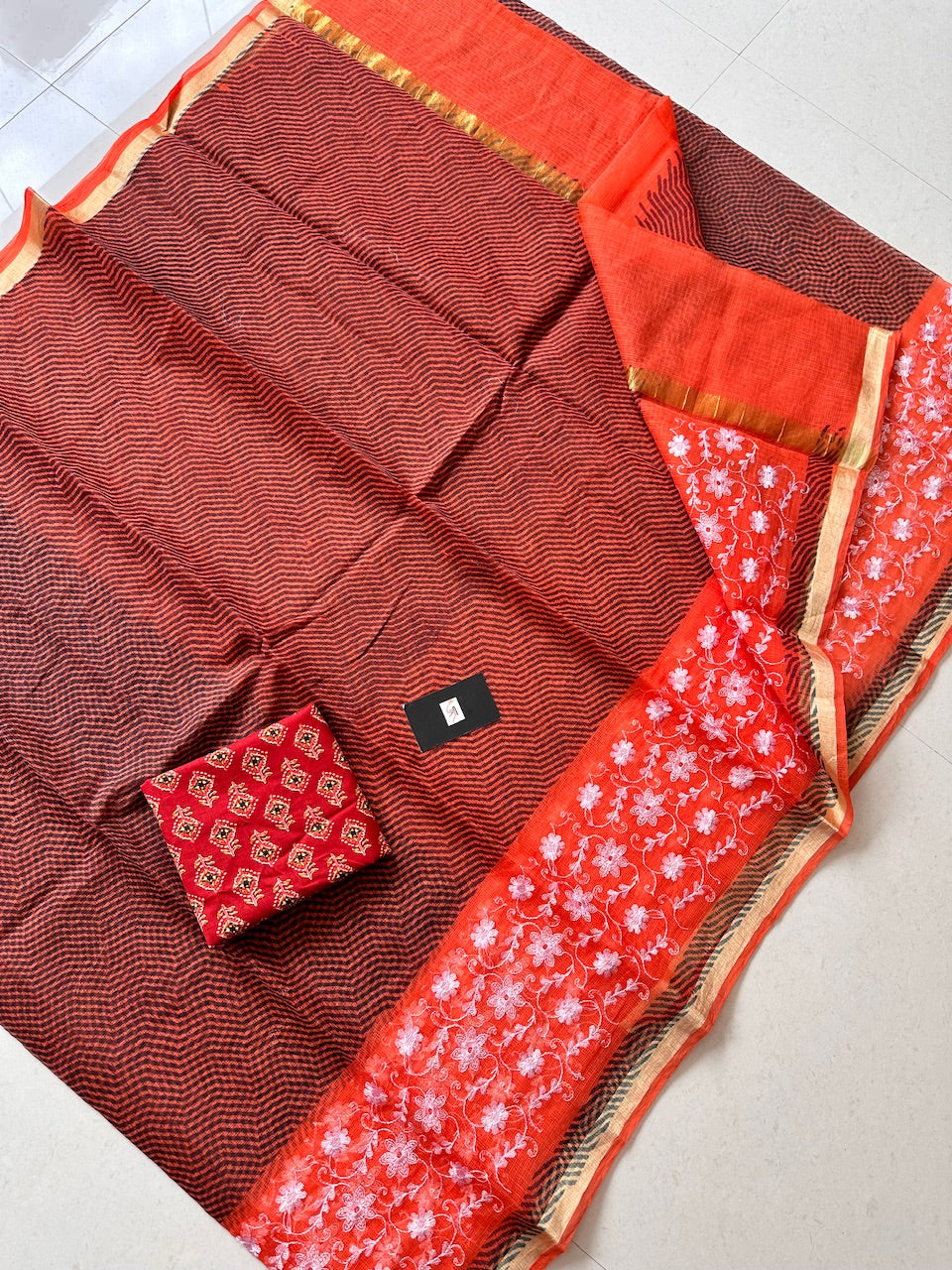 Embroidered HandBlock Printed Kota Cotton Doria Saree