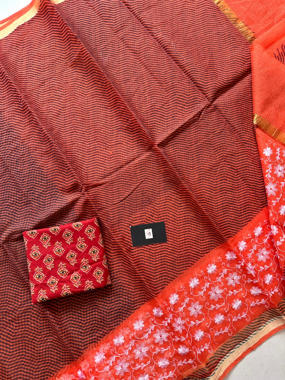 Embroidered HandBlock Printed Kota Cotton Doria Saree