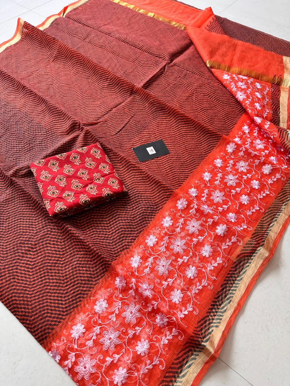 Embroidered HandBlock Printed Kota Cotton Doria Saree