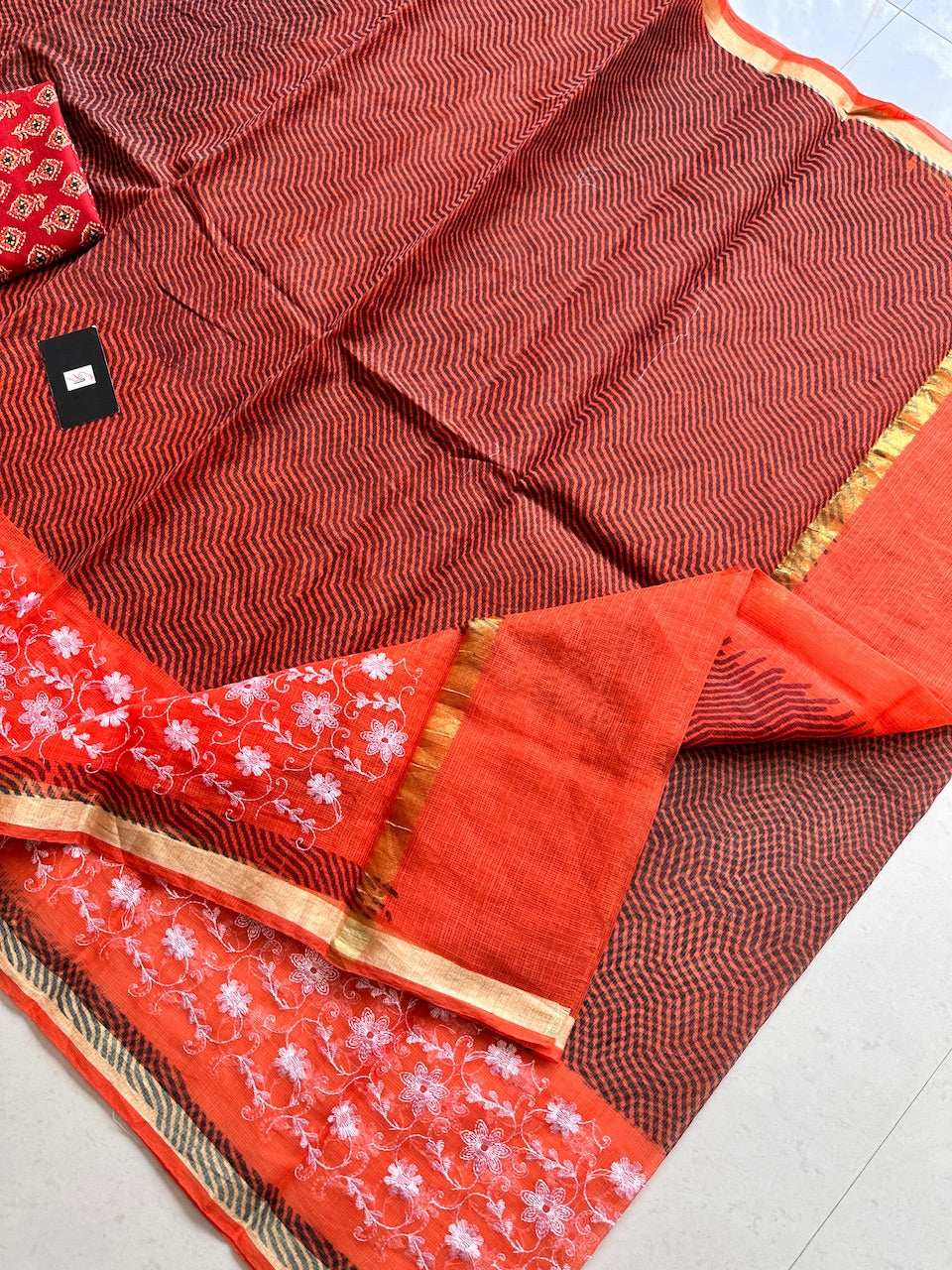 Embroidered HandBlock Printed Kota Cotton Doria Saree