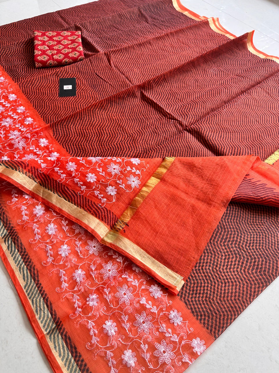 Embroidered HandBlock Printed Kota Cotton Doria Saree