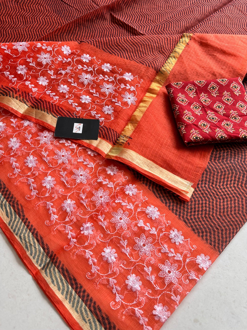 Embroidered HandBlock Printed Kota Cotton Doria Saree