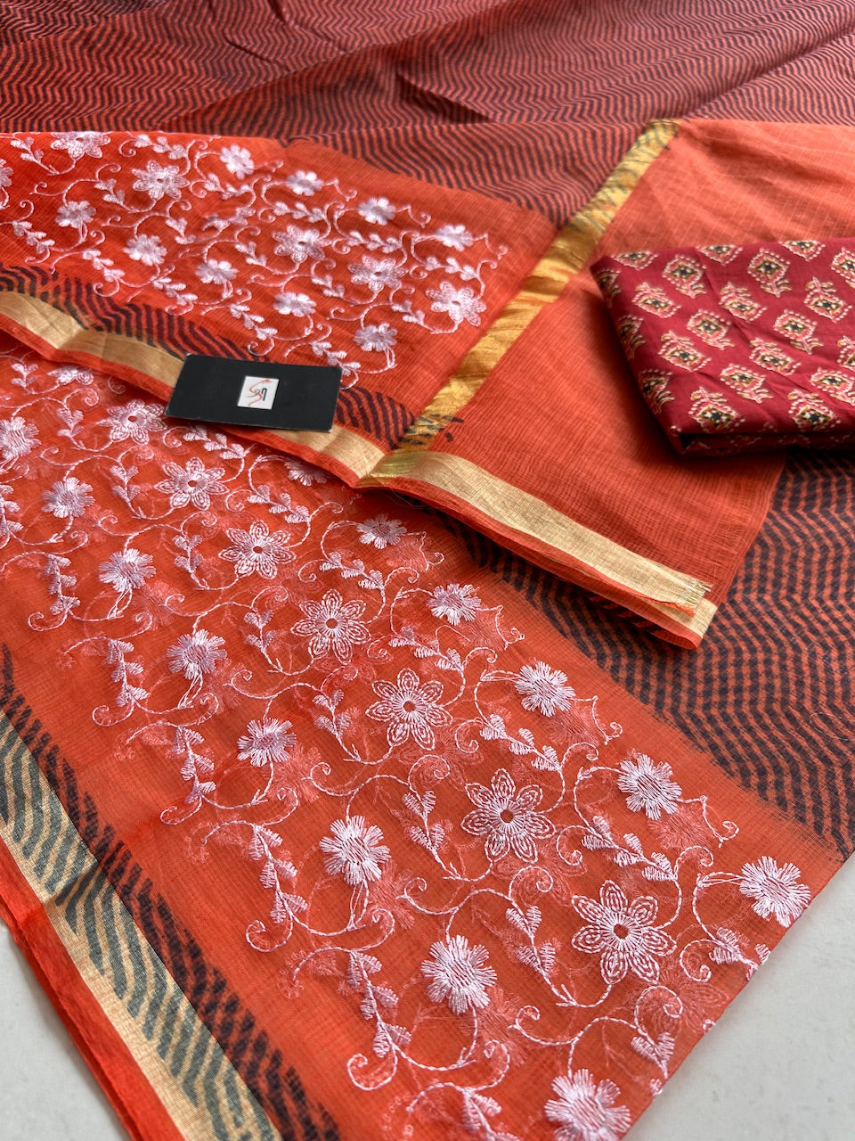 Embroidered HandBlock Printed Kota Cotton Doria Saree