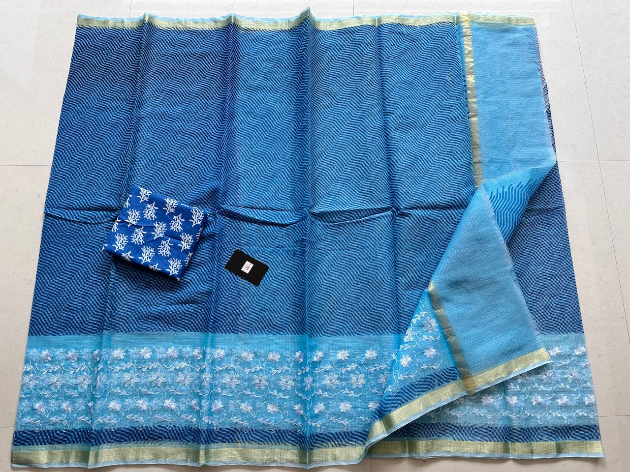 Embroidered HandBlock Printed Kota Cotton Doria Saree