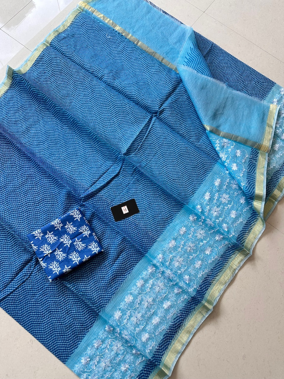 Embroidered HandBlock Printed Kota Cotton Doria Saree