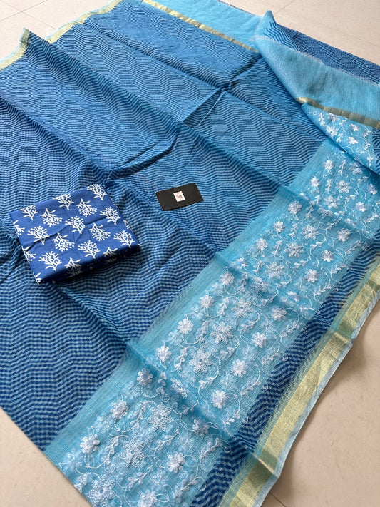 Embroidered HandBlock Printed Kota Cotton Doria Saree