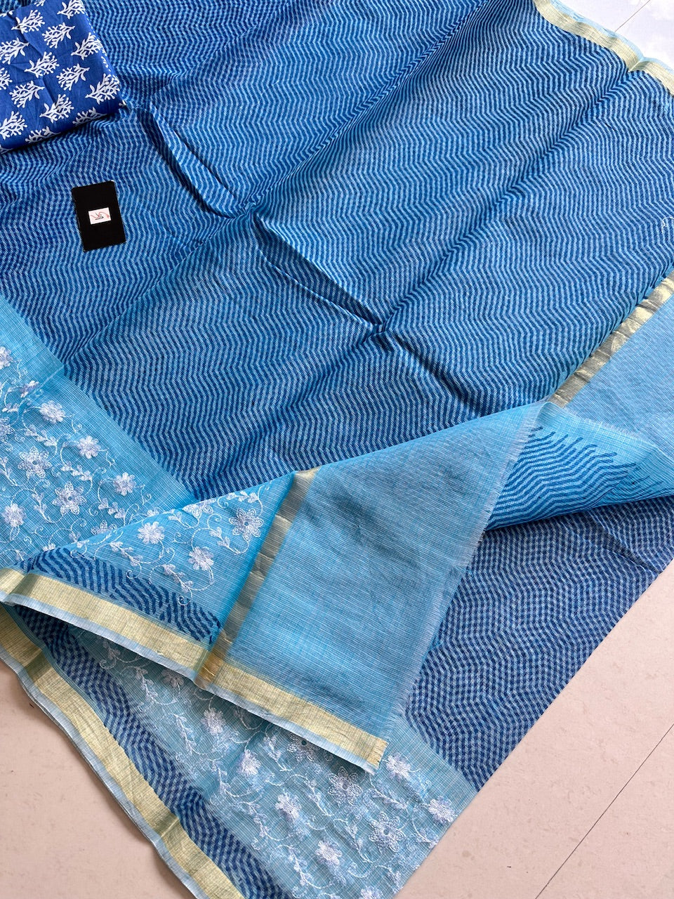 Embroidered HandBlock Printed Kota Cotton Doria Saree