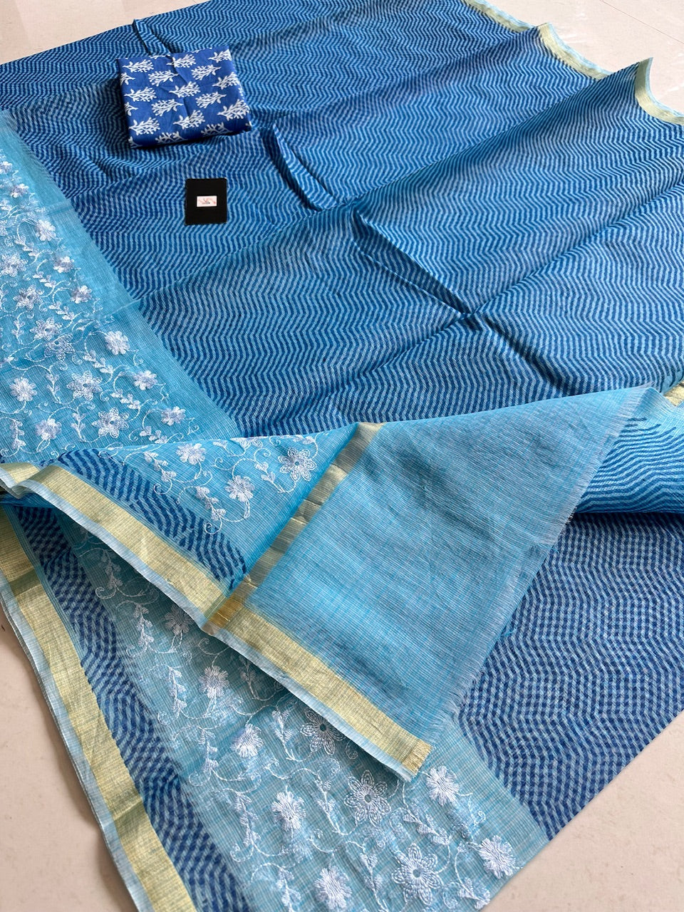 Embroidered HandBlock Printed Kota Cotton Doria Saree