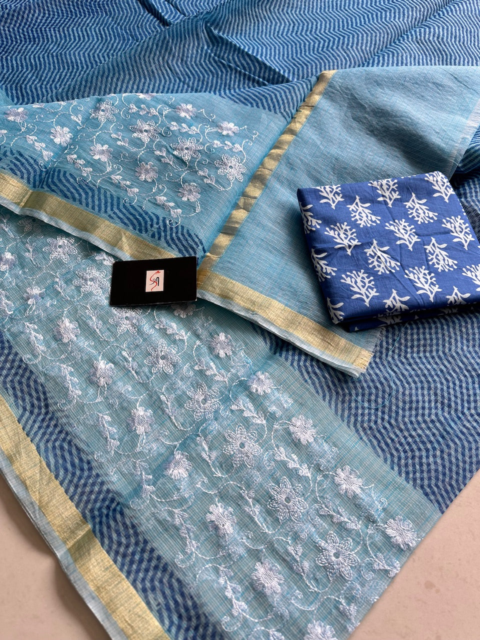 Embroidered HandBlock Printed Kota Cotton Doria Saree