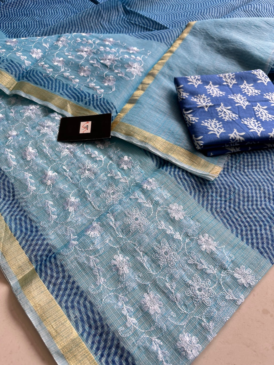 Embroidered HandBlock Printed Kota Cotton Doria Saree