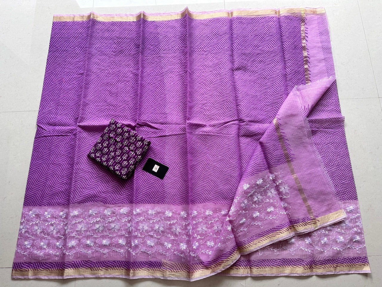 Embroidered HandBlock Printed Kota Cotton Doria Saree