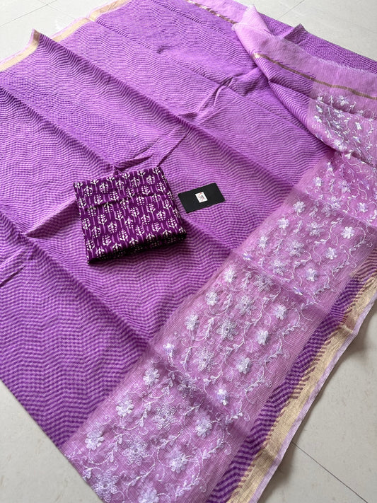 Embroidered HandBlock Printed Kota Cotton Doria Saree