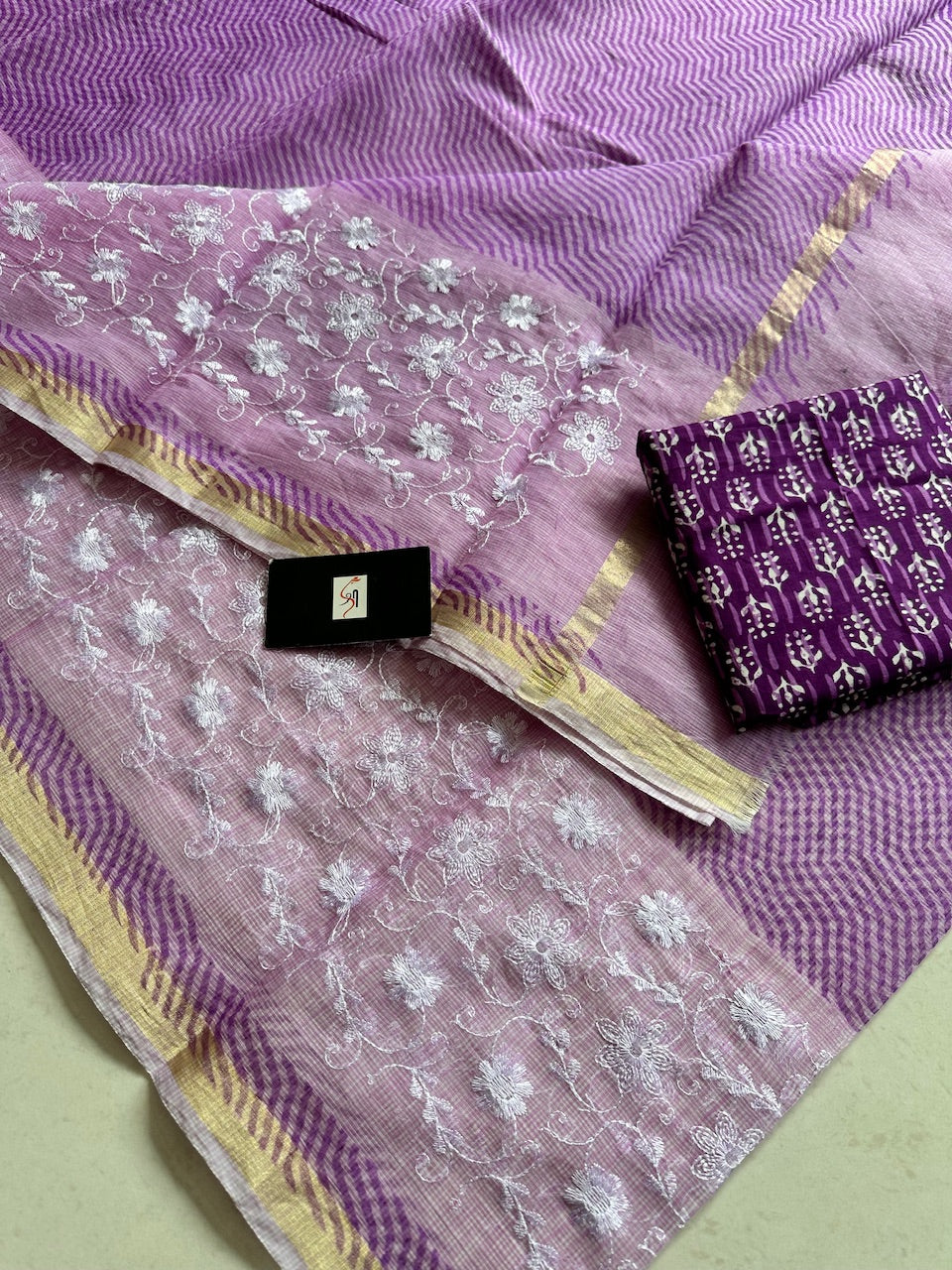 Embroidered HandBlock Printed Kota Cotton Doria Saree