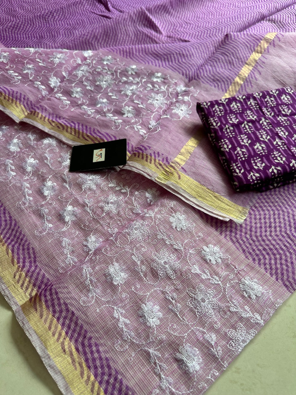 Embroidered HandBlock Printed Kota Cotton Doria Saree