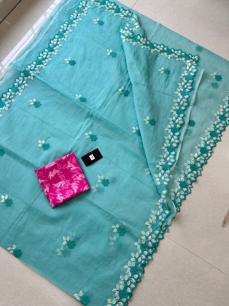 Embroidered Kota Cotton Doria Saree