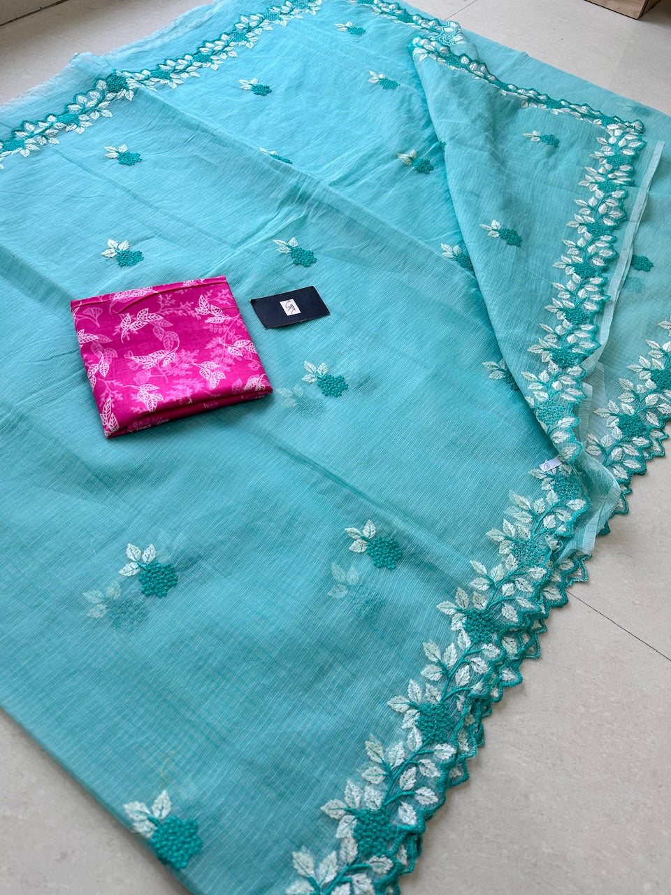 Embroidered Kota Cotton Doria Saree