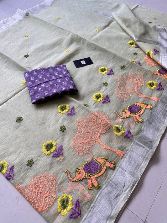 Embroidered Kota Cotton Doria Saree