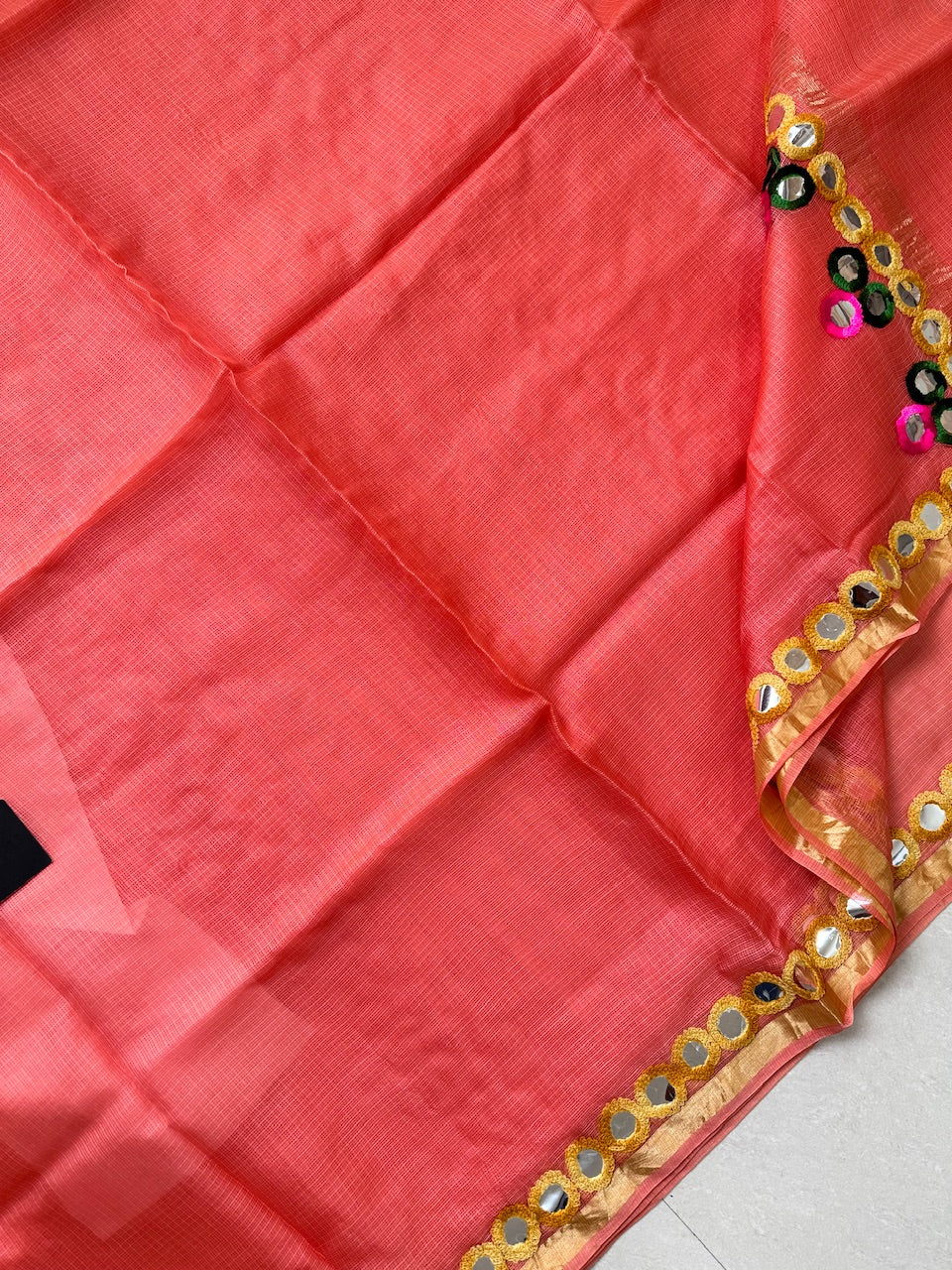 Pure Foil Mirror Embroidered Kota Silk Saree