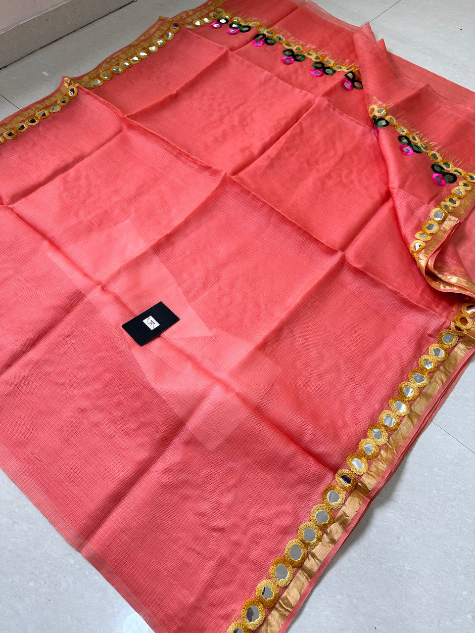 Pure Foil Mirror Embroidered Kota Silk Saree