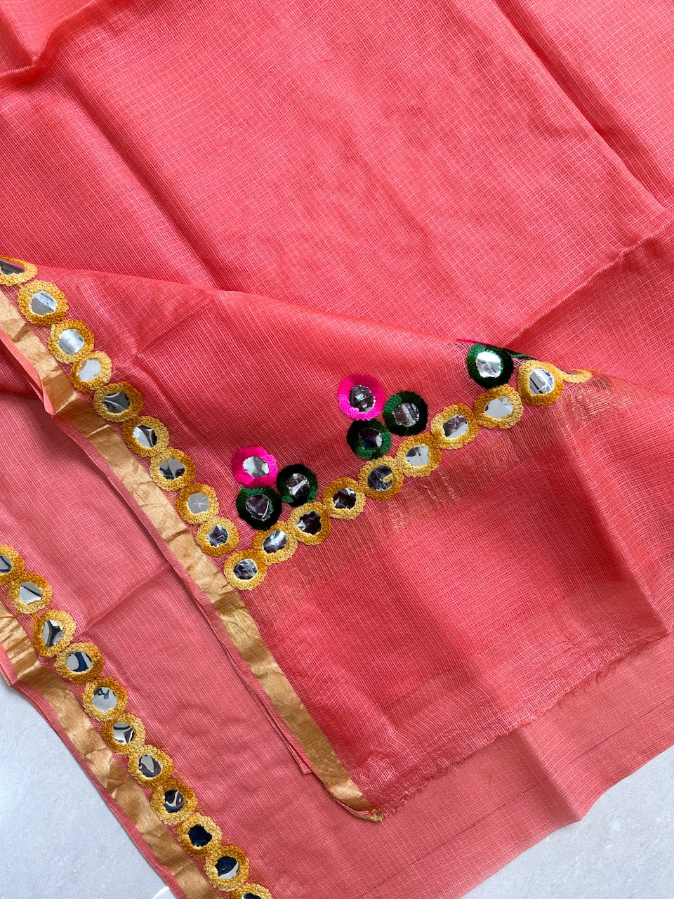 Pure Foil Mirror Embroidered Kota Silk Saree