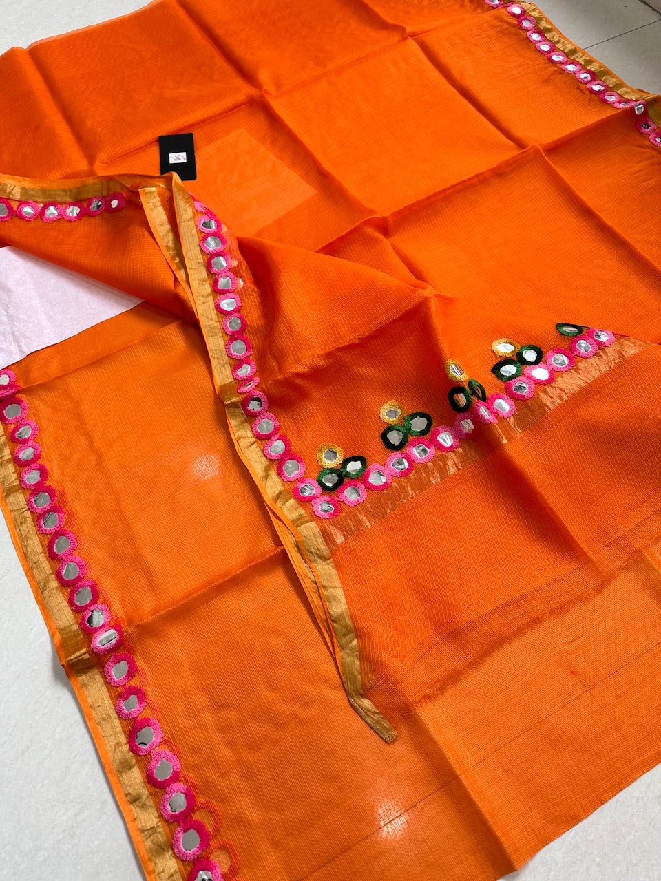 Pure Foil Mirror Embroidered Kota Silk Saree