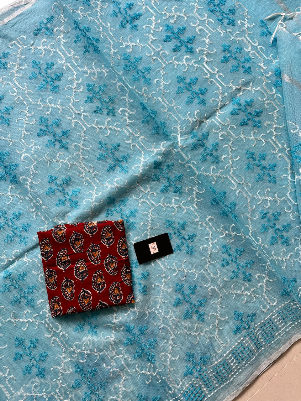 Embroidered Kota Cotton Doria Saree