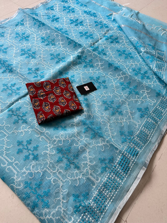 Embroidered Kota Cotton Doria Saree