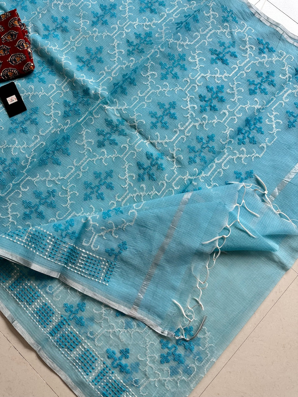 Embroidered Kota Cotton Doria Saree